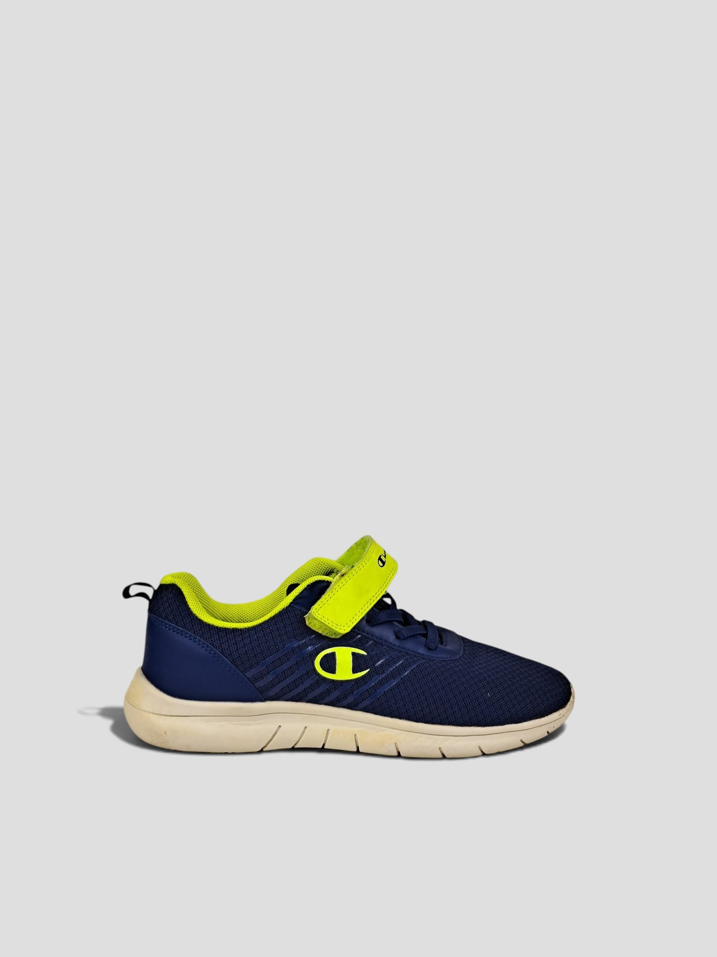 BaraBarnet Champion navy blue and lime green mesh sneakers with velcro strap and logo detail