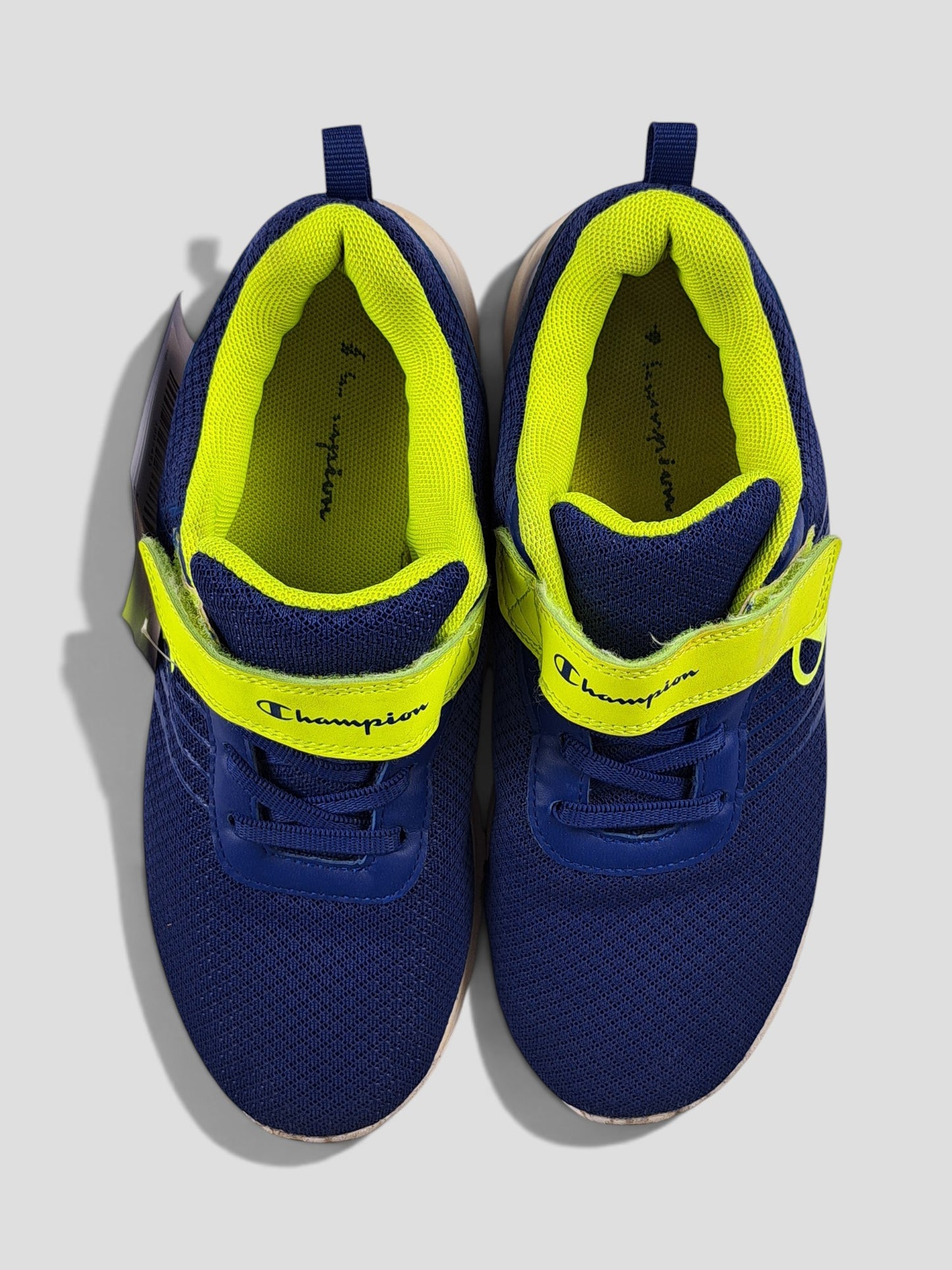 BaraBarnet Champion navy blue and neon yellow mesh sneakers with velcro strap closure