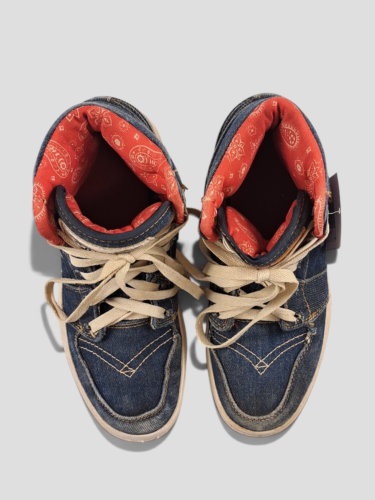 BaraBarnet Levi's x Nike high-top denim sneakers with red paisley lining and white laces