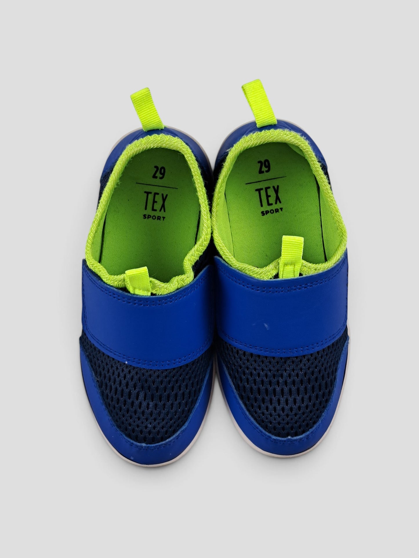 BaraBarnet Tex Sport blue and lime green mesh slip-on sneakers for children with pull tabs