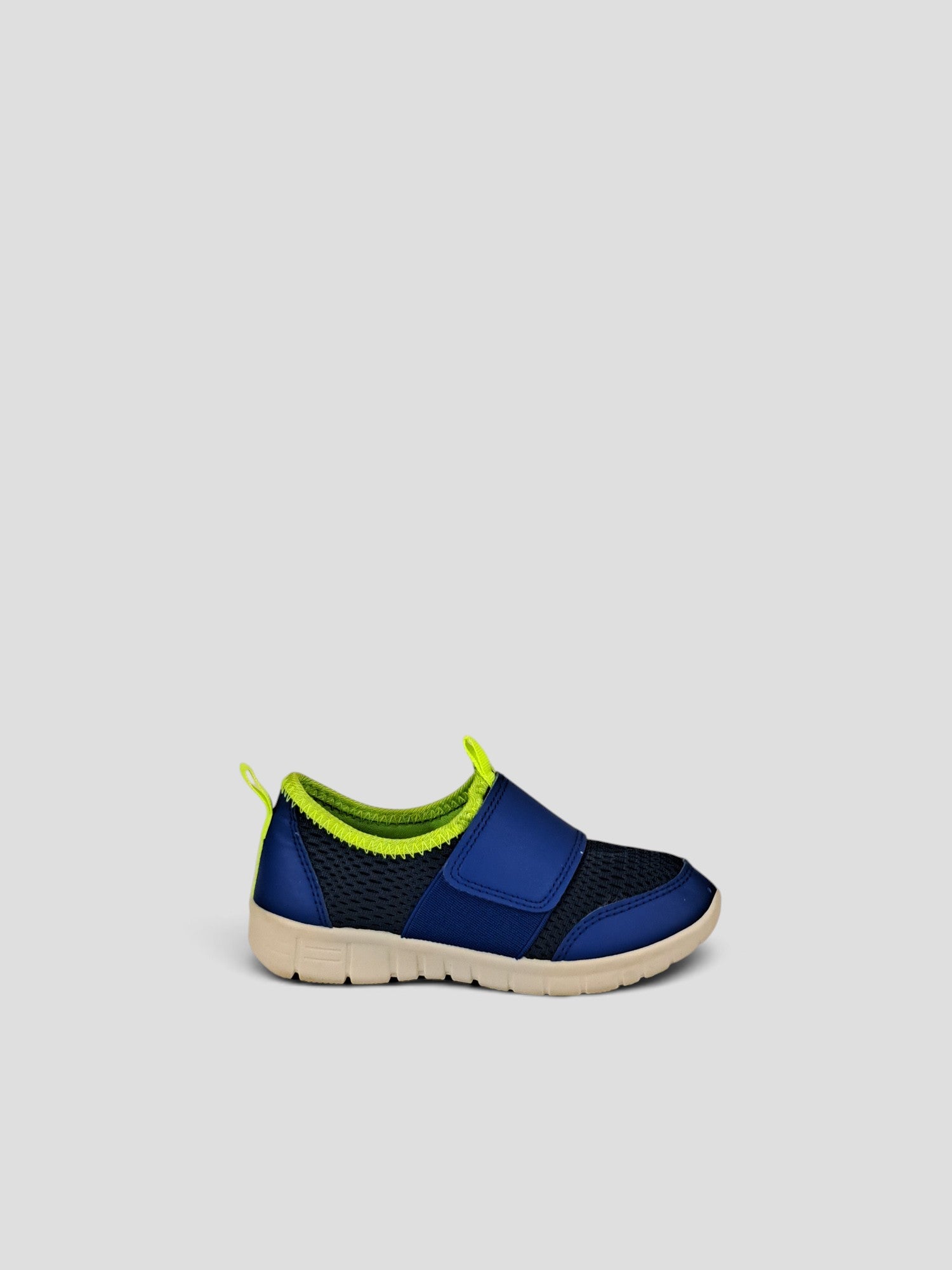BaraBarnet Tex Sports navy blue and neon green mesh sneakers with a hook-and-loop strap and white flexible sole.