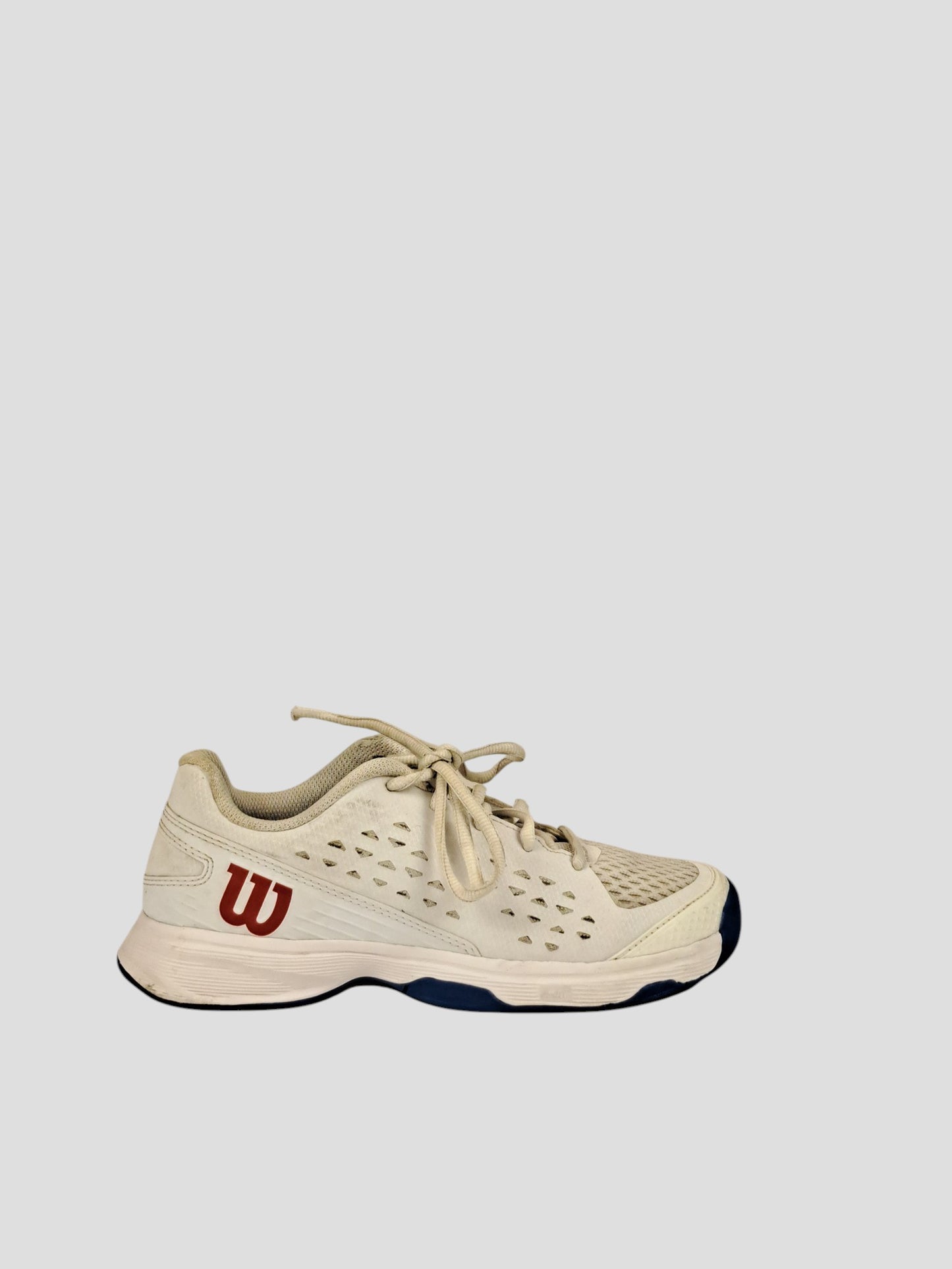 BaraBarnet Wilson RushPro white tennis shoes with red logo and blue sole details