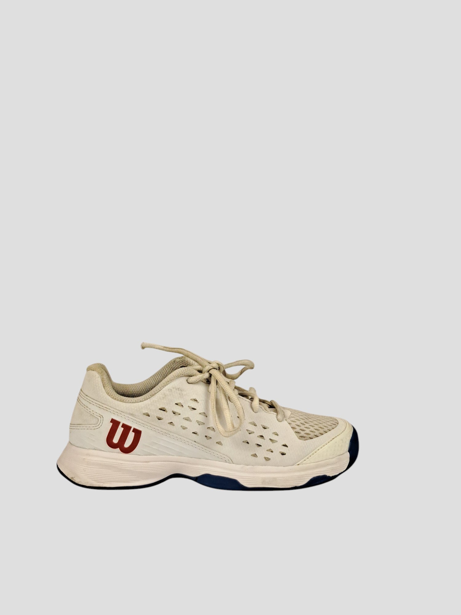 BaraBarnet Wilson RushPro white tennis shoes with red logo and blue sole details